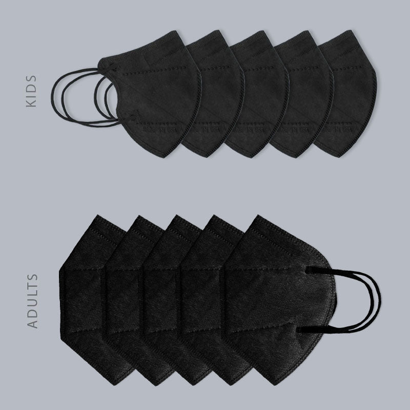 A set of black protective masks, with five for adults and five for kids, laid out in two rows.